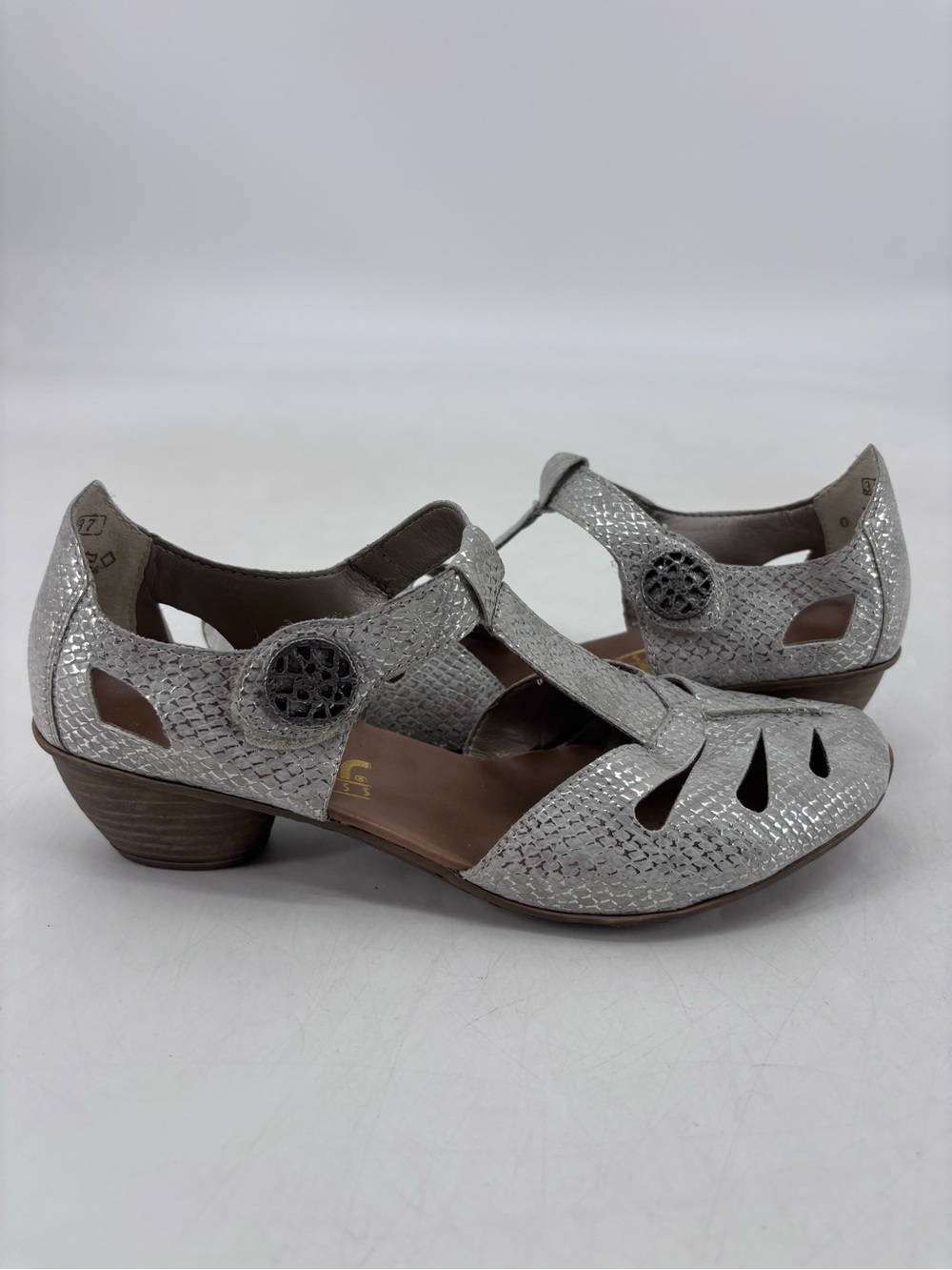 Rieker Antistress Mirjam Metallic Cut Out Perforated Mary Jane Heeled Sandals - Picture 4 of 15